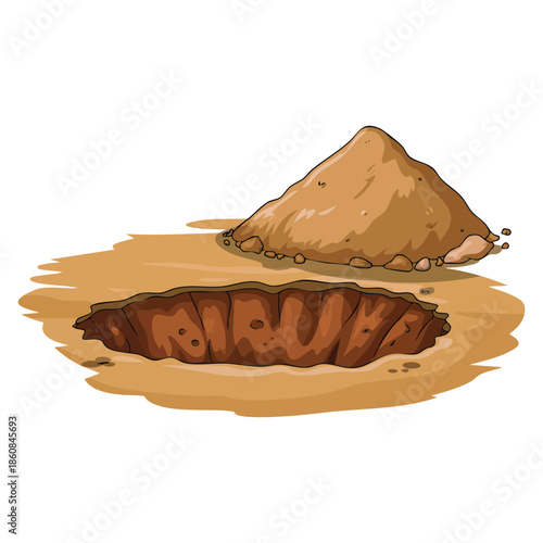 Vector illustration ground pit hole brown underground dig burrow pile suitable for geology construction earth layers excavation or natural terrain cavity artwork