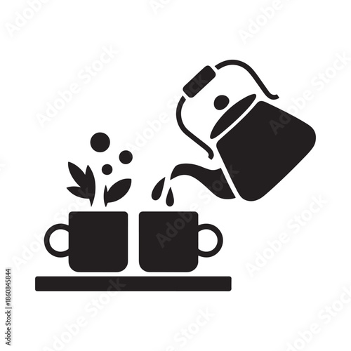A simple black and white illustration of a teapot pouring into two cups
