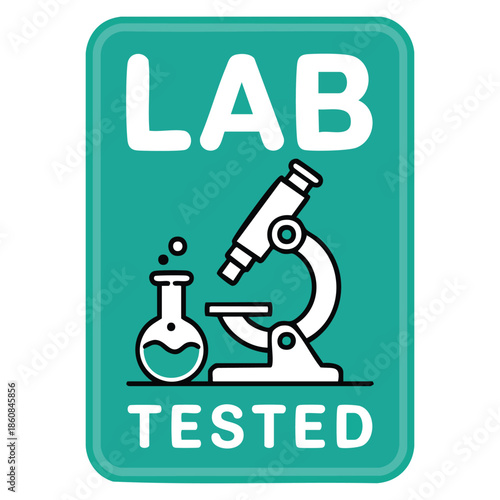 Vector illustration lab tested stamp rounded rectangle with microscope and laboratory flask inside isolated design perfect for science quality element