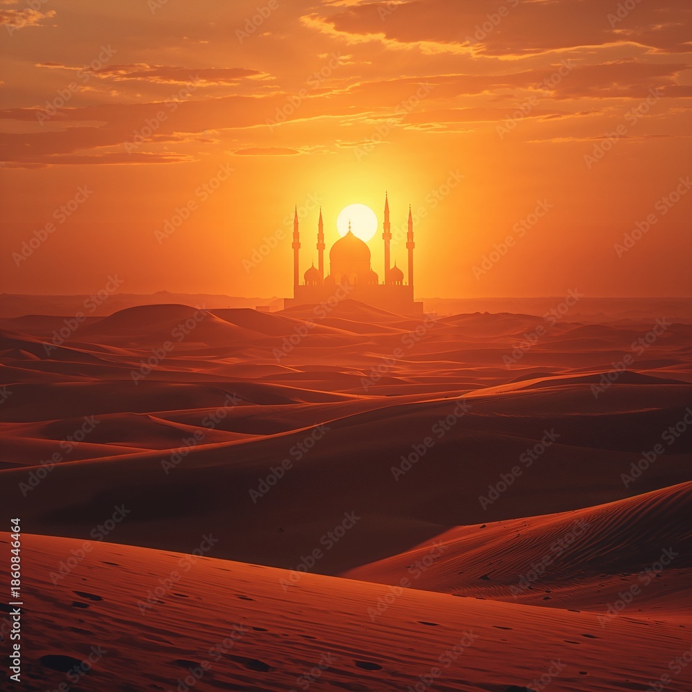 Fototapeta premium A majestic mosque silhouette stands against a fiery orange sunset over vast desert sand dunes, creating a serene and spiritual landscape.