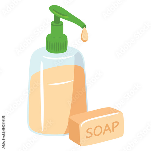 Vector illustration of bar and bottle of liquid soap isolated perfect for hygiene personal care packaging bathroom or cosmetic design themed artwork