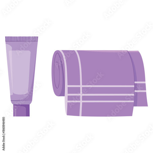 Vector illustration of bathroom set icon with cosmetic tube and towels ideal for skincare, beauty, body care, and hygiene related design concepts