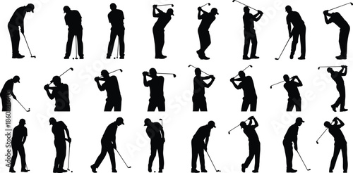  Silhouettes of Golfer Swinging, Various Golf Stances, Golf Club, Sports Action, Dynamic Golf Movement Illustration for Sport Design and Marketing