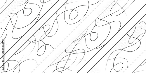 Abstract black and white pattern with diagonal lines and organic swirling shapes creating a dynamic and fluid graphic design.