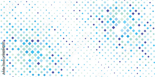 A dynamic abstract background featuring a scattered pattern of blue and teal diamond-shaped pixels on a white canvas, creating a modern digital texture.