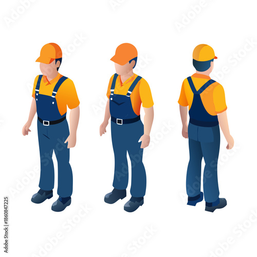 A 3D animated male character is presented in a handyman uniform, featuring multiple perspectives including front, side, and back views, ready for various utility ... See More