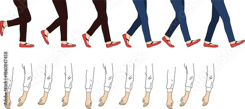 Walking character animation set with leg and arm movement sequences showing step cycle poses isolated flat vector
