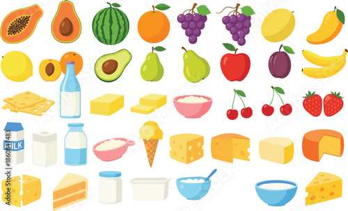 Fresh fruit and dairy food illustration set with milk cheese butter yogurt ice cream and tropical fruits flat vector