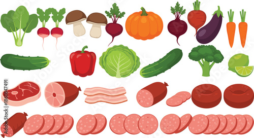 Fresh vegetables and meat food illustration set with greens pumpkin mushrooms cucumber sausage bacon isolated flat vector