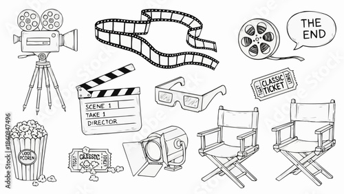 Collection of hand-drawn movie and cinema icons and symbols.