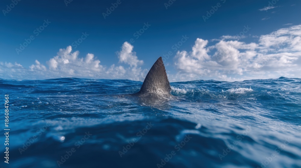 Naklejka premium A shark fin rises above the surface of the ocean water under a clear sky. The scene shows the deep blue sea with some clouds nearby indicating a sunny day.