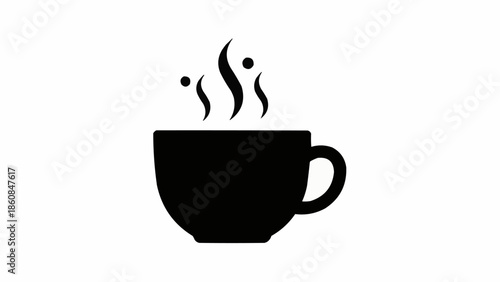 Black silhouette of a steaming coffee cup icon.