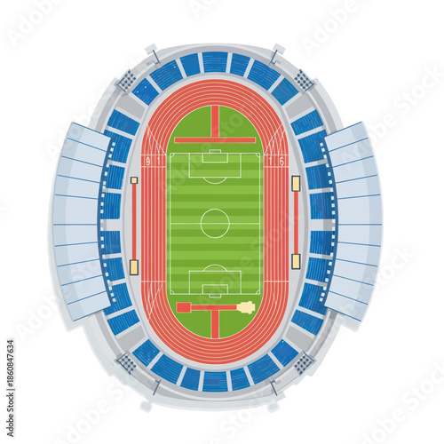 Aerial View of a Stadium with Running Track and Field.