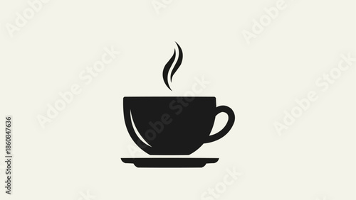 Black silhouette of a steaming coffee cup on a saucer.