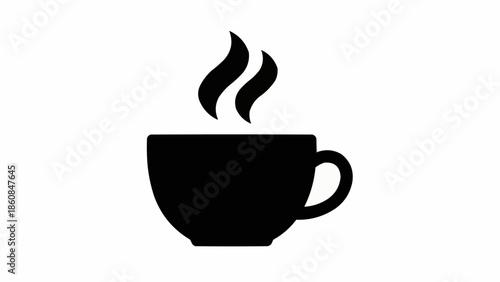 Black silhouette of a steaming coffee cup on a white background.