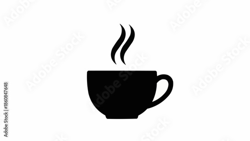 Black silhouette of a steaming coffee cup on a white background.