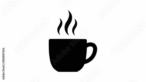 Black silhouette of a steaming coffee cup on a white background.