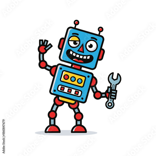 Cartoon Robot Waving and Holding a Wrench, Ready to Repair.