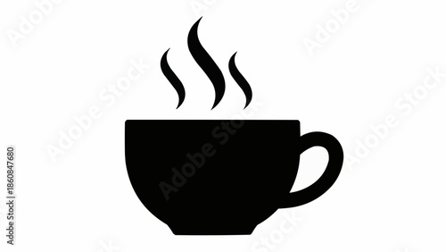 Black silhouette of a steaming coffee cup on a white background.