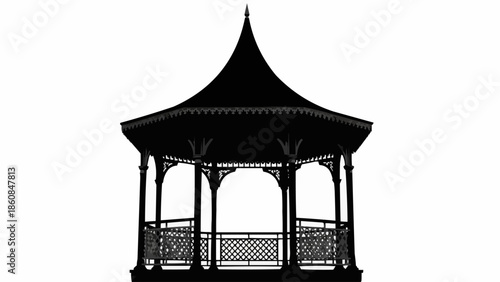 Black Silhouette of an Ornate Victorian Gazebo Structure.