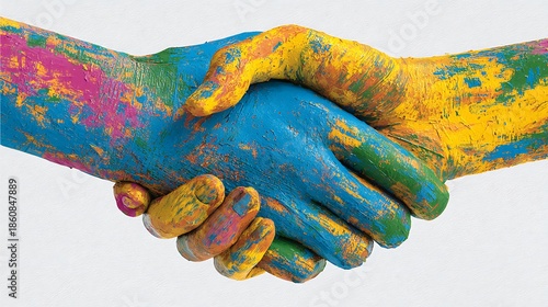 Two hands, brightly painted in primary colors, clasped together in a business handshake