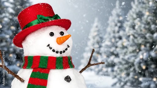 Festive snowman with red hat and striped scarf in snowy woodland
