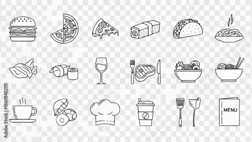Collection of hand-drawn food and drink icons on a transparent background.