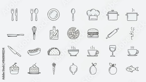 Collection of hand-drawn food and kitchen utensil icons.