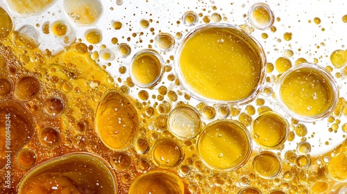 Close-up macro abstract of colorful liquids, bubbles, shapes, and textures against white background