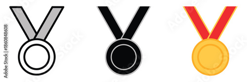 Sport medal icon, achievement metallic winning sign icon in flat stroke, filled and colored concept, ideal for web design