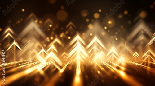 Glowing golden chevron shapes emerge from a blurred, dark background. Abstract futuristic art