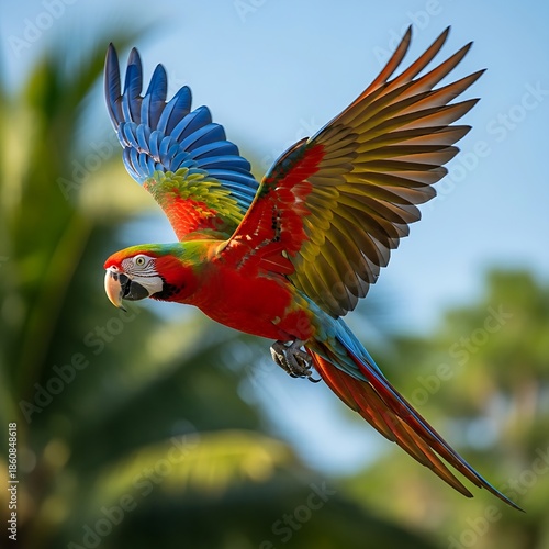 Vibrant macaw in flight with colorful wings spread wide outdoors