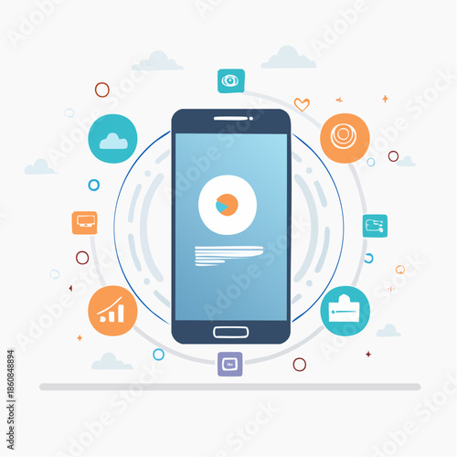 Smartphone surrounded by icons representing technology and digital concepts