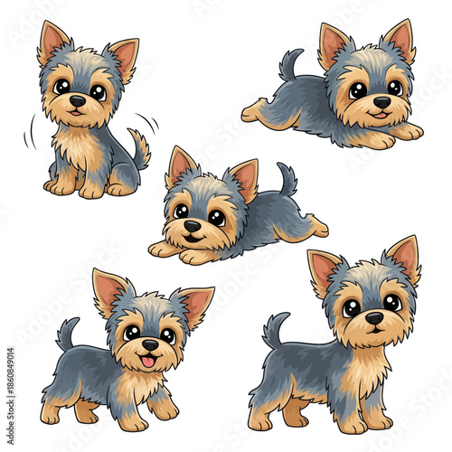 Charming Collection of Cartoon Yorkshire Terrier Puppies in Various Poses.
