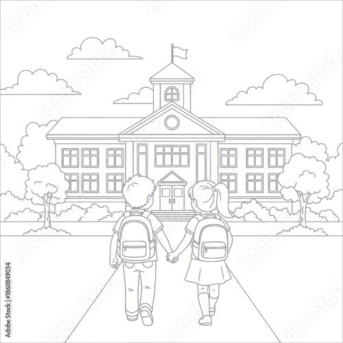 Childrens First Day of School Coloring Page Illustration.