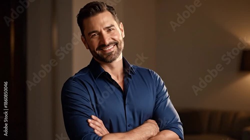 A smiling man, arms crossed, wears a blue shirt, illuminated in a dimly lit room