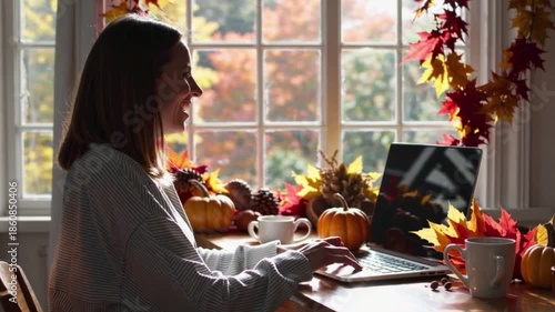 Wallpaper Mural A woman is sitting at a table with a laptop and a cup of coffee Torontodigital.ca