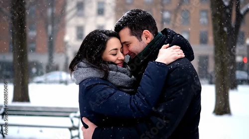 Romantic couple embracing and smiling in a snowy winter park