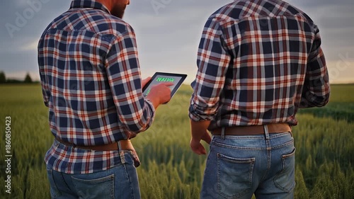 Farmers Using Tablet for Smart Agriculture Inspection Wheat Field Sunset
