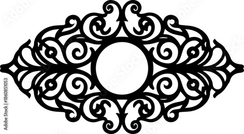 Elaborate Symmetrical Filigree Ornament in Oval Shape, Decorative Black Swirl Motif for Crafting and Design