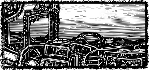 Stylized Woodcut Illustration of a Vintage Car in an Abstract Landscape, Linocut Style Graphic Art