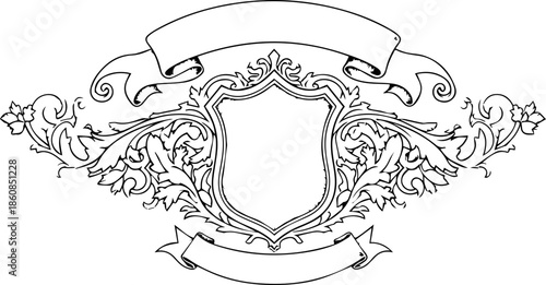Vintage Ornate Heraldic Shield with Ribbon Banners, Hand-Drawn Stipple Style Illustration for Logos and Emblems
