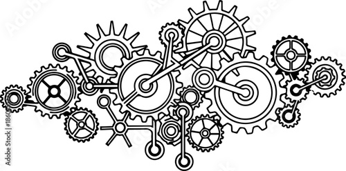 Mechanical Engineering Concept Illustration Featuring Interlocking Cogs, Gears, and Levers in Line Art Style