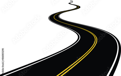 Winding asphalt road vector illustration with yellow lines, curved highway path for travel, transportation, and business journey concept isolated, white background.