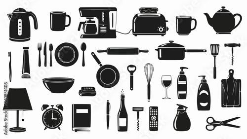 Collection of various kitchen utensils and home appliances silhouettes.