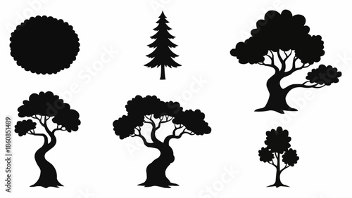 Collection of silhouette trees in various shapes and sizes.