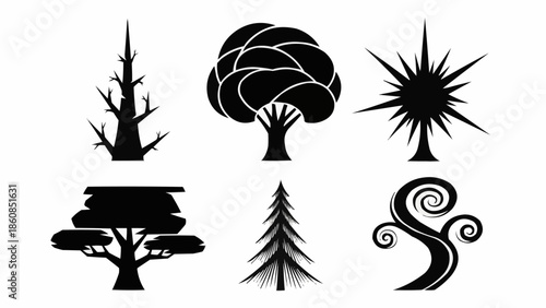 Collection of six stylized tree silhouettes in black and white.