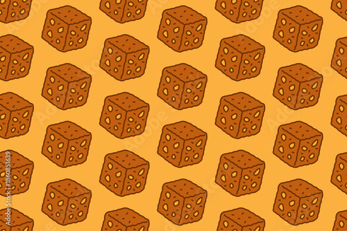 brownies with almond colorful doodle seamless pattern on yellow background set for bakery. crouton bread cube cartoon pattern background for pastry. porous food cube isolated vector motif for cafes