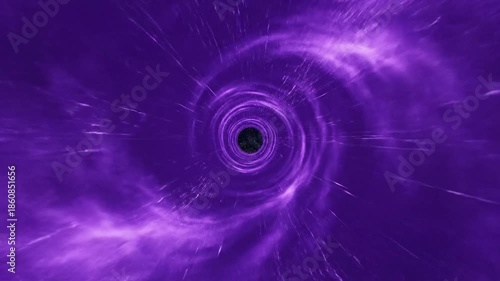 A swirling purple vortex leads to a black hole with a starry interior