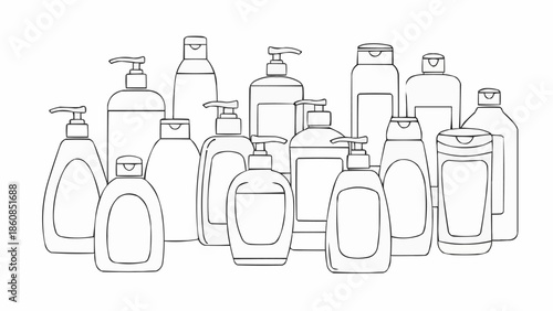 Collection of various empty cosmetic bottles and containers for beauty products.